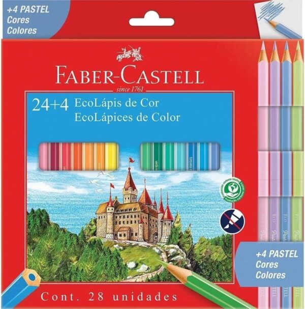 Ecolapis de cor Faber-Castell, com + 4 pastel, estojo com 24 cores, Multicor -